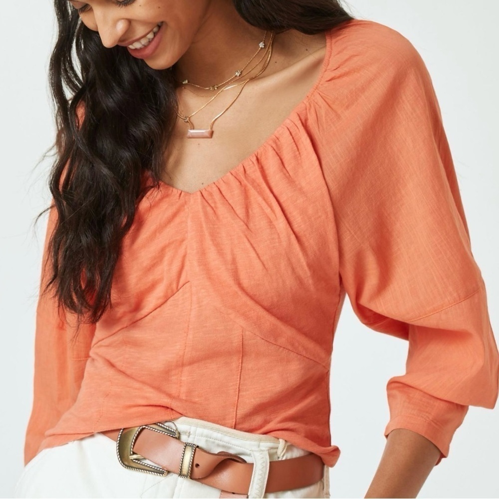 Anthropologie V-neck ruched cotton top Orange Size XXS Stretchy Feminine NEW‎
